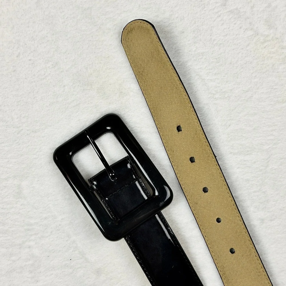 Y2K Glossy Black Wide Buckle Belt Chunky Wide Rectangle Sleek Retro Grunge